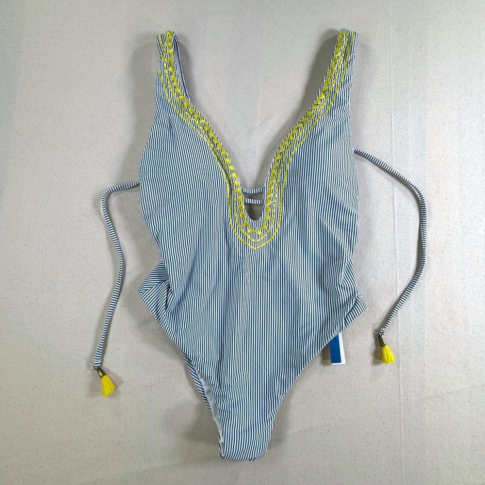 Lucky Brand Women Blue White Striped Embroidered V-Neck One Piece Swimsuit S NEW
